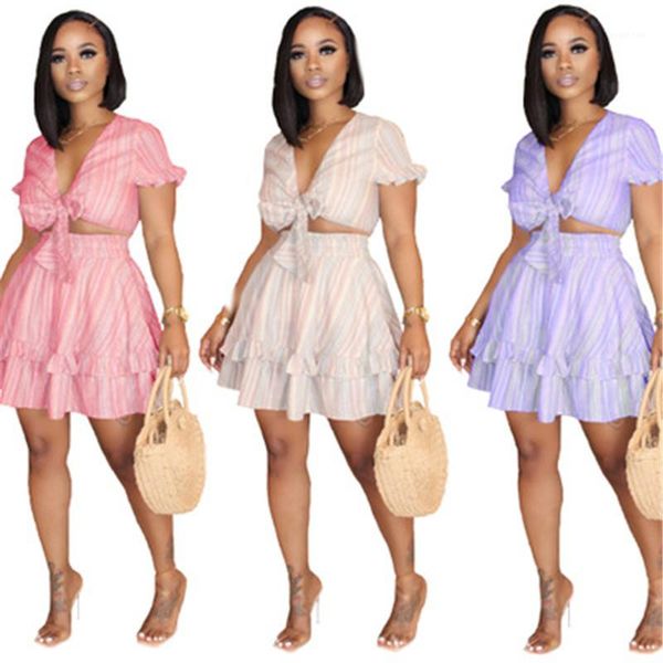 

short tee tracksuits women stripe v-neck sets fashion summer sweet wind casual bandage short skirt suits designer female new sexy, Gray