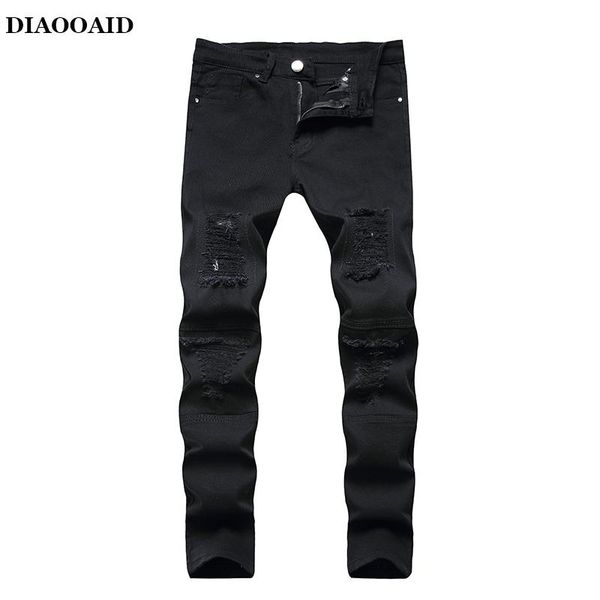 

2020 spring men's ripped streetwear skateboard hip hop punk stretch bike jeans trendy holes straight denim trouers, Black
