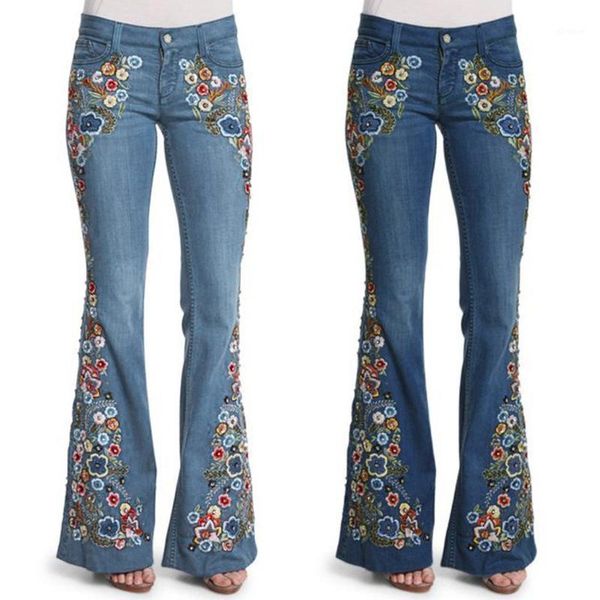 

women mom flare jeans vintage embroidery floral print button waist bell bottom denim pants women casual boyfriend jeans1, Blue