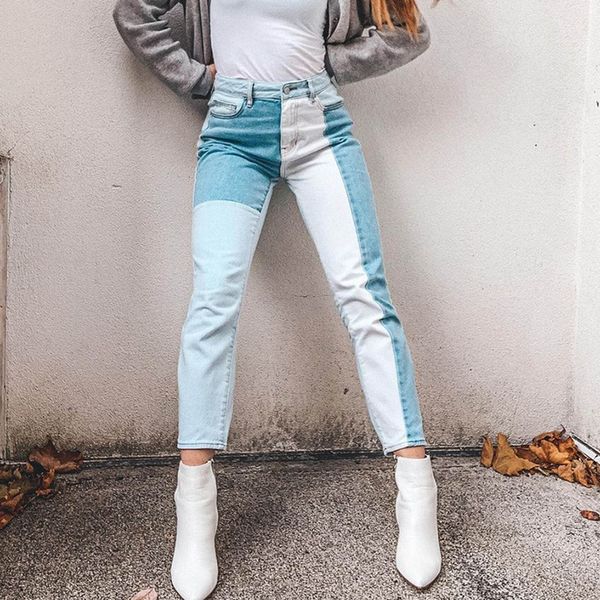 

women's straight leg rise contrast patchwork blue ladies jeans high waist woman pants streetwear pantalones a20