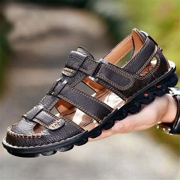 

2020 comfortable handmade men sandals genuine leather soft summer men's shoes retro sewing casual beach shoes big size 48 t200420, Black