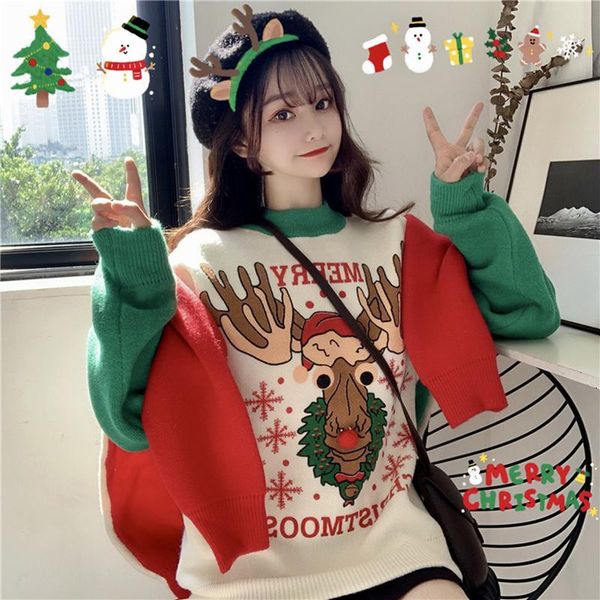 

women's sweaters 2021 christmas sweater women red elk loose outer wear thick inner pullover long sleeve round neck, White;black