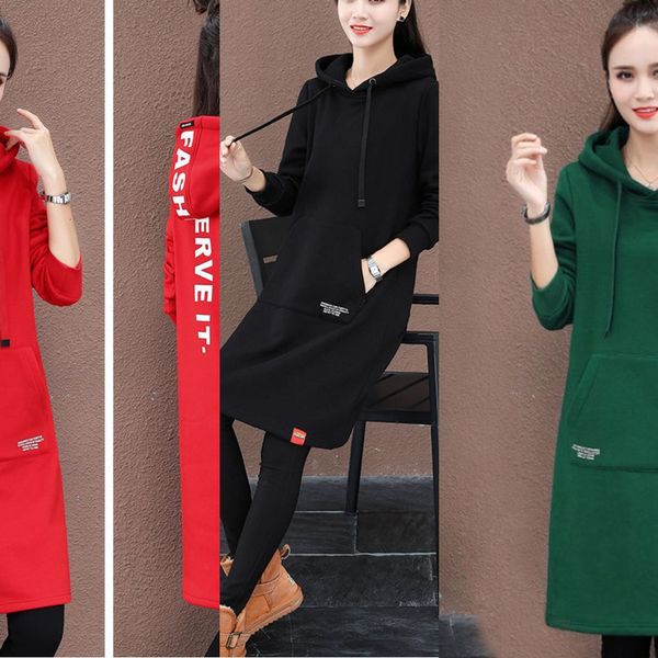 

2020 autumn women's mid-length women's dress korean style loose large size plus velvet thickened fat mm long skirt sweatersweater, Black