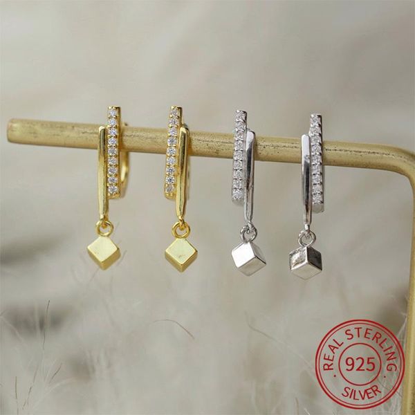 

hoop & huggie trendy hanging cube clip on earrings setting zircon simple geometry ear buckle women 925 sterling silver jewelry gift, Golden;silver