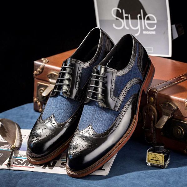 

men's leather shoes 2021 new handmade brogue shoes men's business casual korean style trend color matching, Black