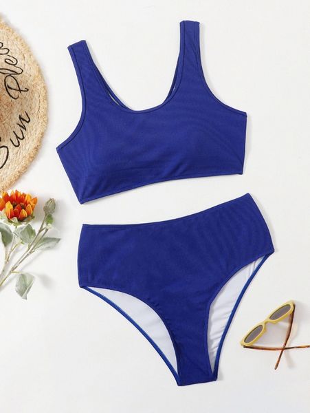

plus rib high waisted bikini swimsuit d6b3#, Black