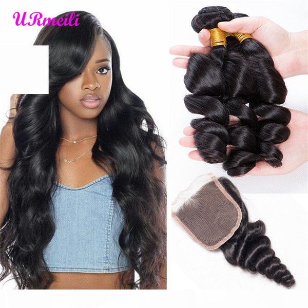 

urmeili loose wave bundles with closure 3 4 bundles with lace closure loose deep peruvian human hair bundles with closure remy virgin hair, Black;brown