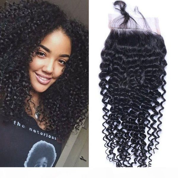 

lace closure indian human hair kinky curly 4x4 closure middle three part virgin hair extensions, Black;brown