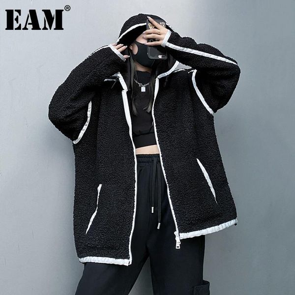

[eam] loose fit spliced contrast color thick jacket new hooded long sleeve women coat fashion tide autumn winter 2021 1dd3133, Black;brown