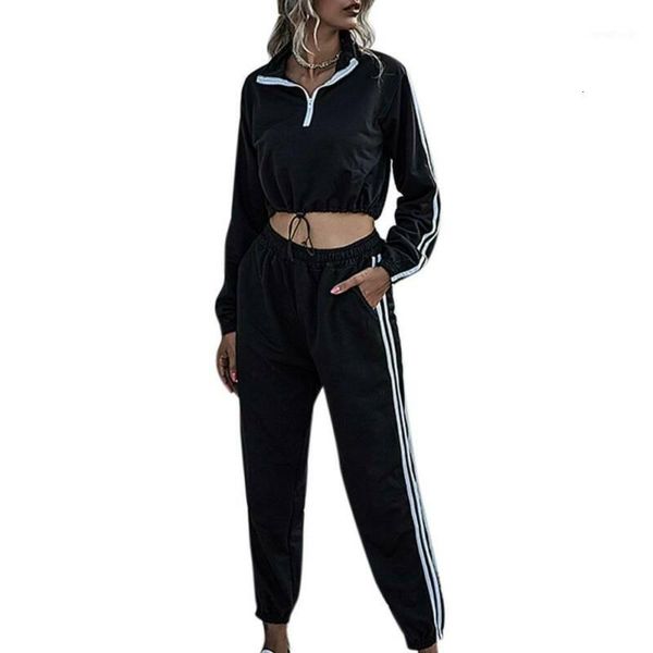 

striped stitching sports suit womens zipper turn down neck short sweatshirt and long pants sets casual tracksuit clothing female1, Black;blue