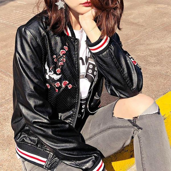 

motorcycle pu leather jacket women winter autumn 2018 plus size coat zipper embroidery retro street outwear faux leather jackets1, Black;brown
