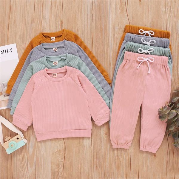 

girls clothing sets autumn toddler boys clothes outfit kids tracksuit for girls ribbed knitted t-shirts pants children clothing1, White