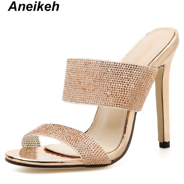 

aneikeh new sequined cloth summer high open toe thin heels crystal mules women's shoes slippers pu size 35-42 y200423, Black