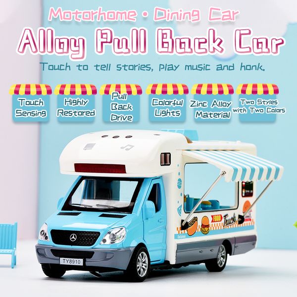

1:32 mental pull back car camper motorhome recreational vehicle with music light openable door awning alloy toys trucks