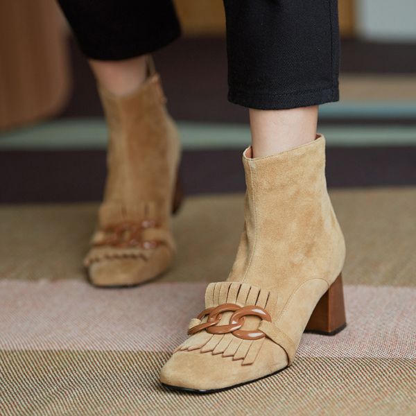 

2020 spring women ankle of the kid suede woman toe square side new female office shoes thick boots gpmf, Black