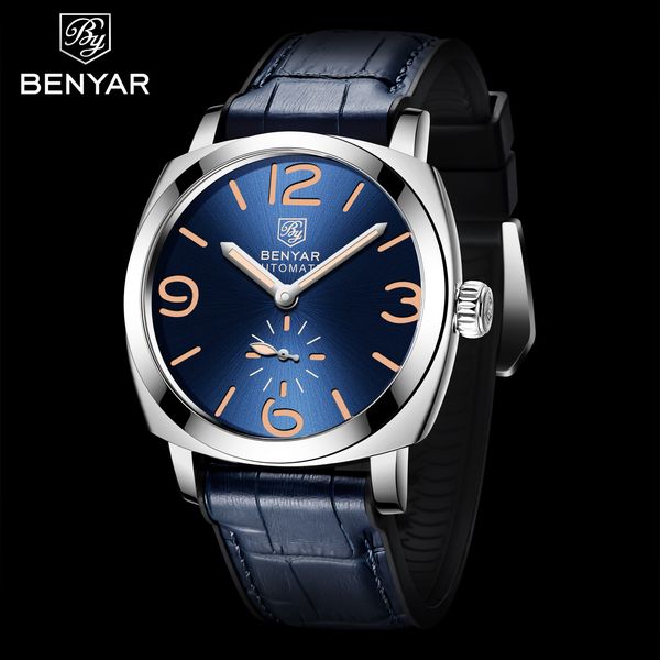 

benyar men luxury automatic mechanical watch men rubber strap fashion casual stainless waterproof watch relogio masculino 201113, Slivery;brown