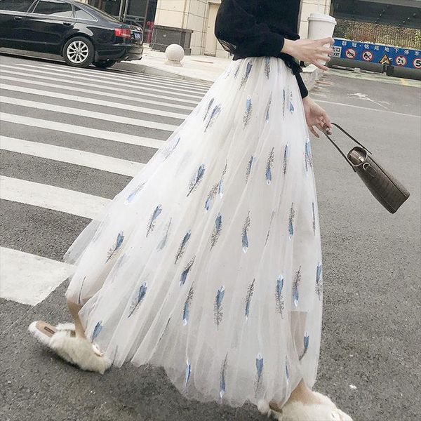 

3 layer women embroidery mesh tulle skirt summer elastic high waist skirt jupe longue ladies skirts boho maxi long c5456, Black
