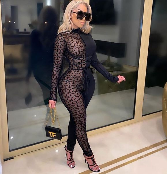 

da 2186b 2020 mesh lace-up print contrast jumpsuit, White;black