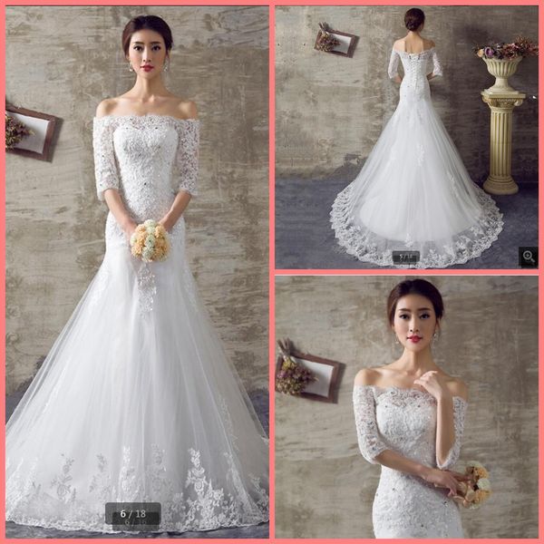 

2021 new arrival dress women curvy 3/4 sleeve modest wedding dresses lace appliques beaded crystals vintage bridal gowns sale, White