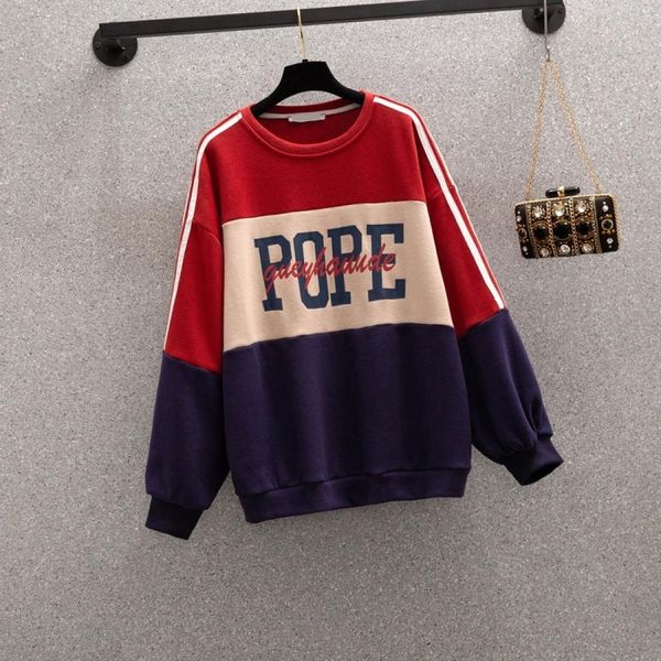 

loose contrast stitching round neck plus fleece sweater, Black