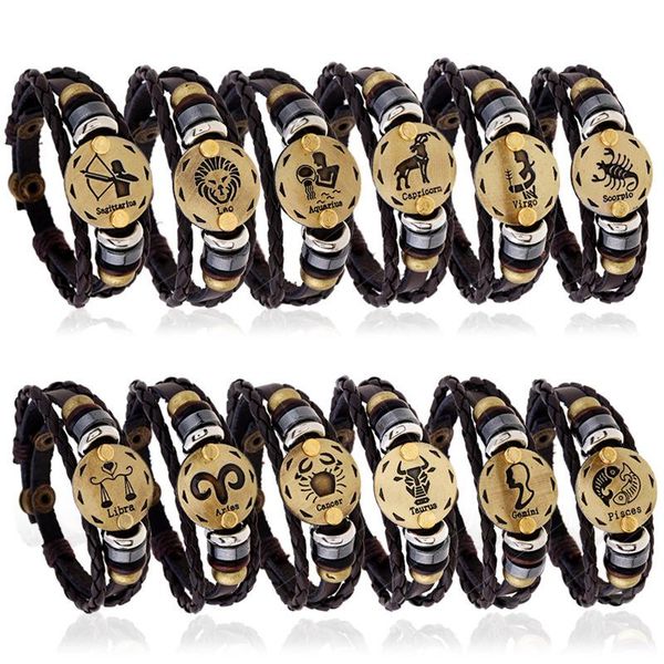 

12 Constellation Bracelets Alloy Charm Leather Bracelet Zodiac Horoscope Braided Bangle Men Women Jewelry Wrist Gift Wholesale, Golden;silver