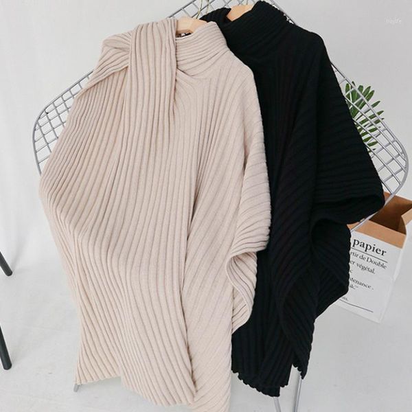 

women knit cloak shawl sweater turtleneck irregular knit pullover casual wild lady knitwear 1, White;black