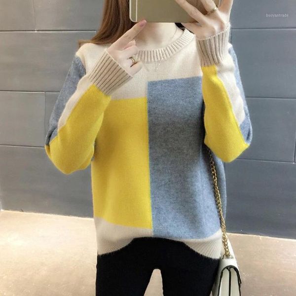 

women's sweaters sweater women's color matching pullover loose korean knit 2021 autumn and winter student round neck versatile bot, White;black