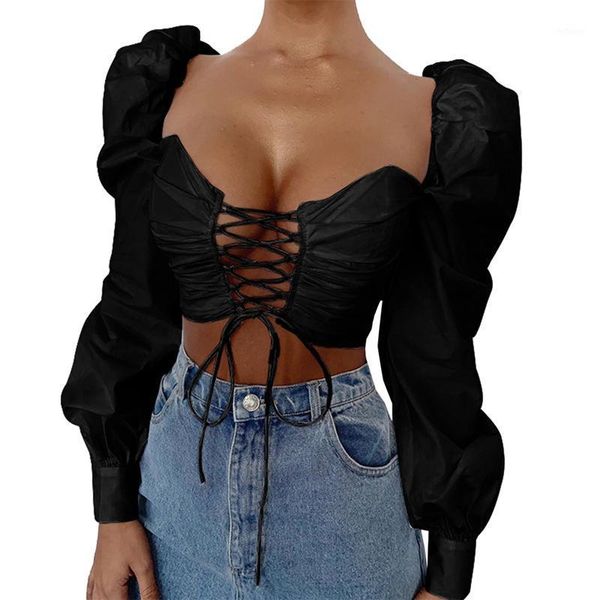 

women crop solid color bandage v neck puff sleeve slim blouse outfit shirts streetwear cropped blouse mujer, White
