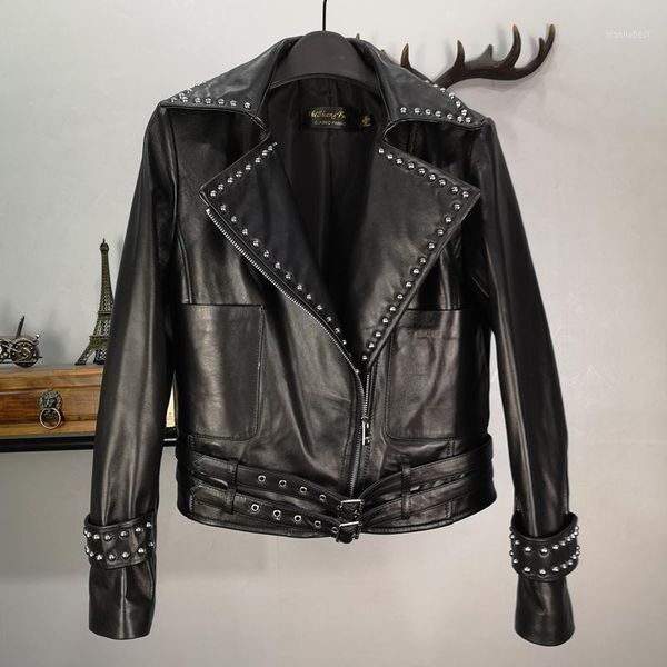 

rivet studded leather jacket women motorcycle biker natural real sheepskin natural leather coat female black jacket clothing