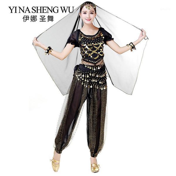 

belly dance dance performance costumes sequin short sleeve stage performance costume clothing 2/3/5 pcs set1, Black;red