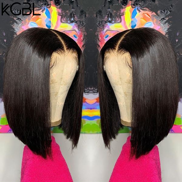 

kgbl short bob 13*4 lace front middle ratio human hair wigs brazilian non-remy hair natural color pre-plucked wigs, Black;brown