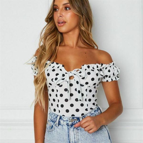 

new women polka dot summer blouse fashion off shoulder short sleeve bandage boho clothes club crop blusas plus size, White