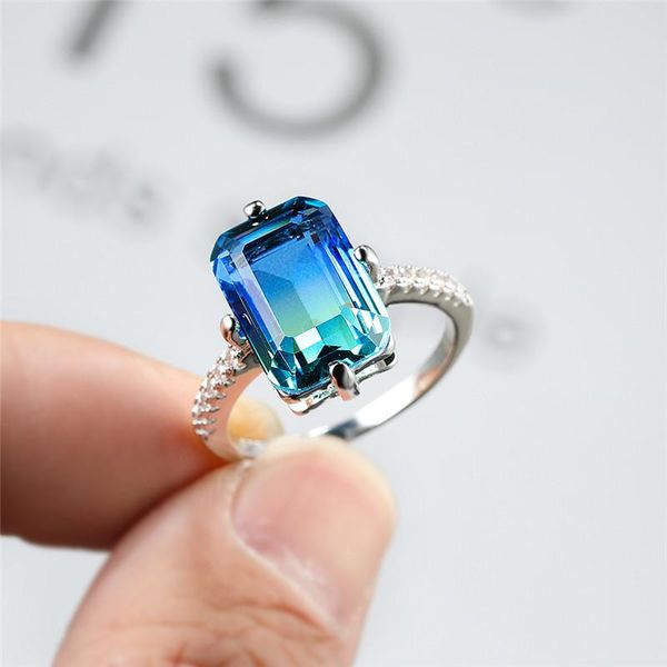 

geometric blue green gradient zircon engagement rings for women vintage fashion silver color rainbow stone ring wedding jewelry, Golden;silver