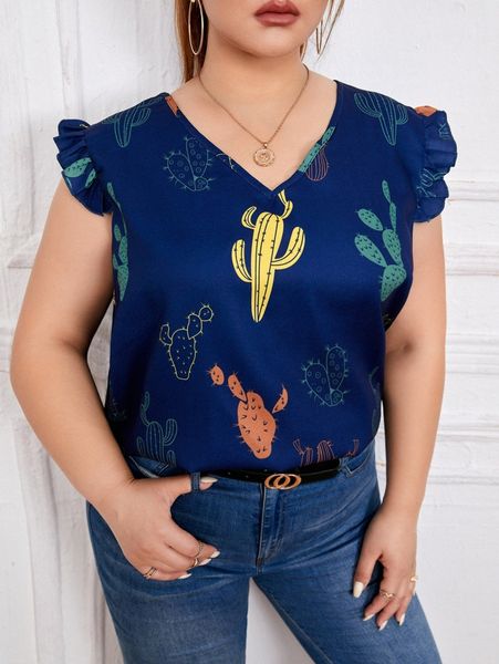

plus cactus print ruffle trim blouse y9vs#, Black