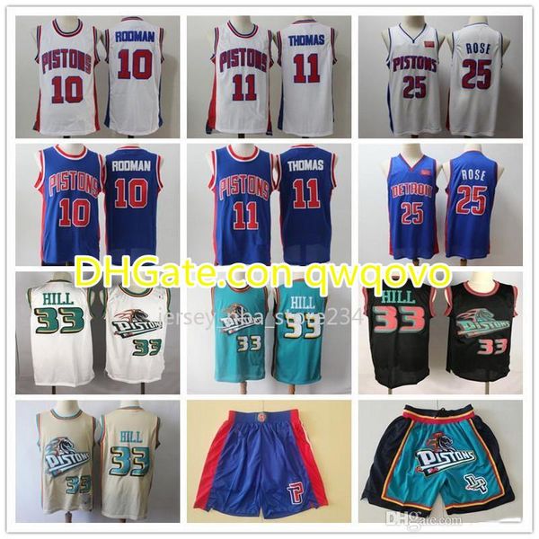 

new detroit pistons throwback grant 33 hill isiah 11 thomas dennis 10 rodman derrick 25 rose basketball shorts basketball jerseys, Black;red