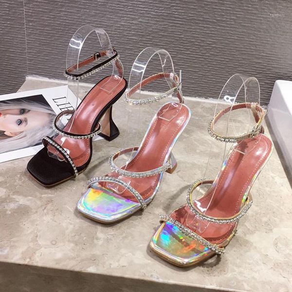 

2021 summer women sandals high heels stripper fetish fashion square head shoes platform crystal dress prom silver golden sandles1, Black