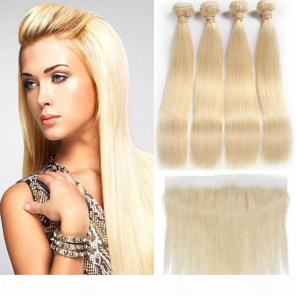 

brazilian straight 613 blonde ear to ear 13x4 full lace frontal closure with 4 bundles virgin human hair blonde bundles weaves extensions, Black;brown