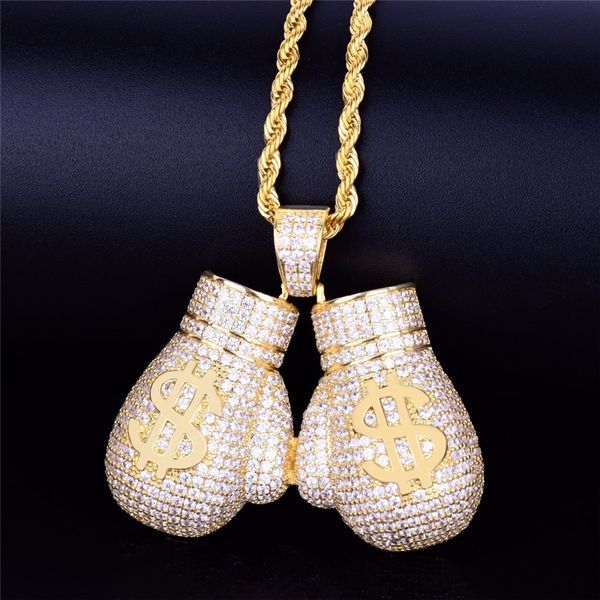 Vergoldete Iced Out Bling CZ Boxhandschuh-Anhänger-Halskette mit 24-Zoll-Seilkette für Männer und Frauen, schönes Geschenk