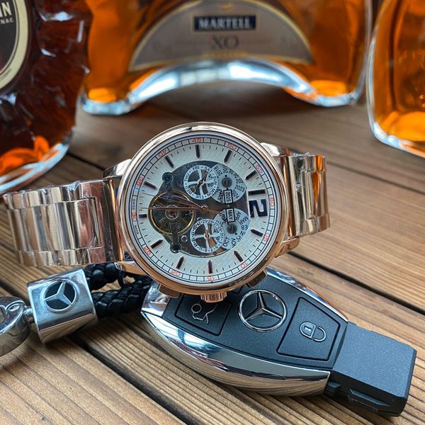 

luxury business mens watches all small dials work movement watch daydate stainless steel band mechanical automatic wristwatches for men gift, Slivery;brown