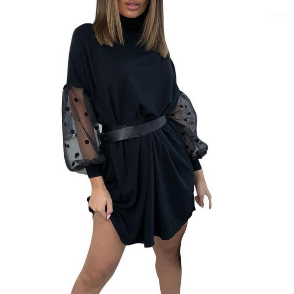 

polka dot mesh panel bubble sleeve high neck dress 2020 summer casual loose straight mini dress fashion elegant female1, White;black