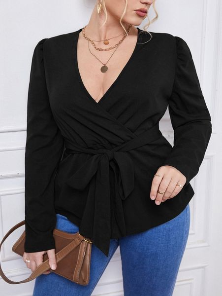 

plus surplice front belted tee s5tw#, Black