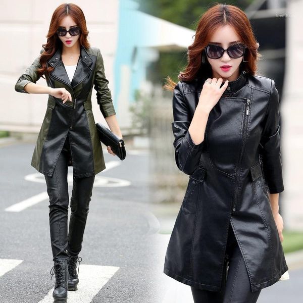 

autumn and winter new korean version of the slim slim pu leather jacket women's long section large size wild female leather coat1, Black