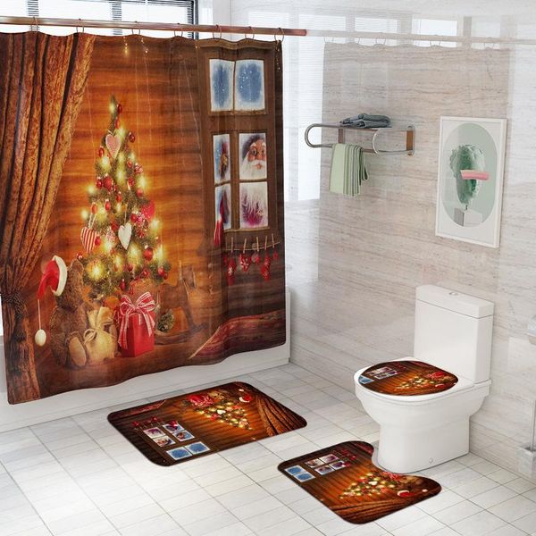 

brand christmas print bathroom decoration set shower curtain+bath mat lid toilet cover+toilet pedestal rug anti-slip 4pcs sets