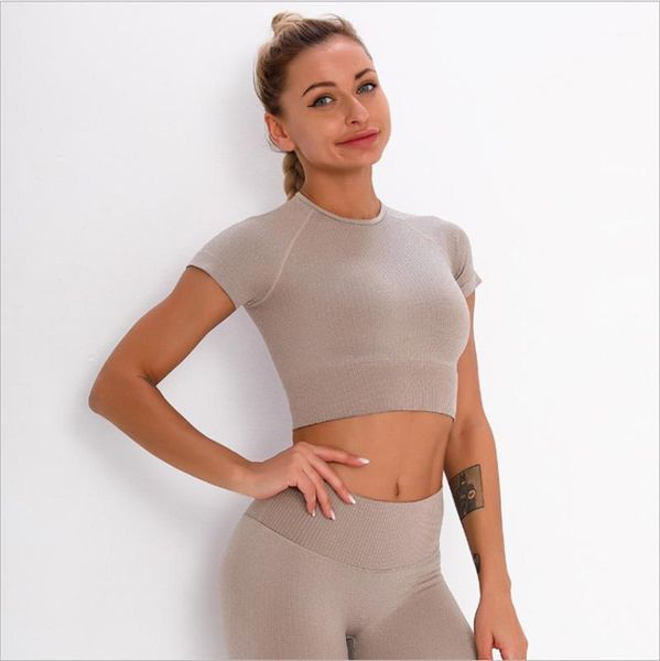 

yoga outfits seamless knitted quick-drying sports fitness short-sleeved women's professional training running tight suit ds771, White;red