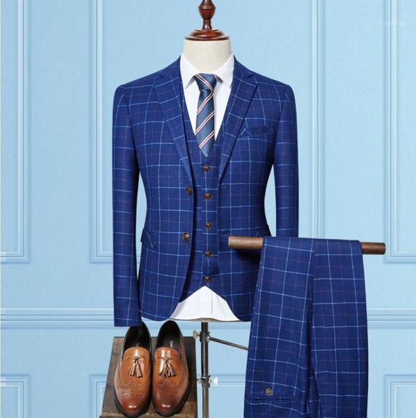 

jacket+vest+pants) 2020 fashion grid check tuxedo men suit slim fit formal wedding suit men terno masculino suits1, White;black