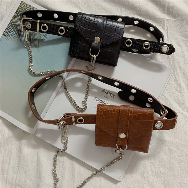 

leather female punk alligator personalized versatile chain belt small waist bag coolins with skirt decoration, Black;brown