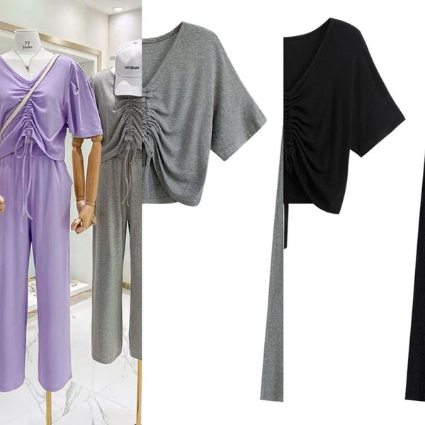 

casual suit women's summer black sagging pants short sleeve drawstring fashion pants wide leg pantswide leg pantstwo piece suit 9gjw, Gray