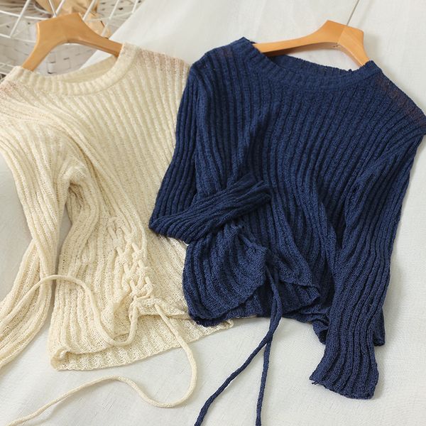 

spring summer hollow out o-neck long sleeve women's drawstring lace up top, Gray