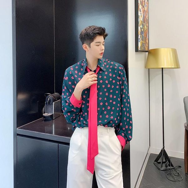 

men's casual shirts men tie long sleeve japan korea style male vintage fashion show flower print dress stage clothing, White;black