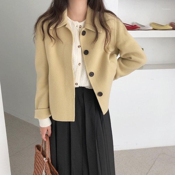

hzirip casual yellow wool gentle 2020 autumn handmade stylish woolen warm soft women high street loose brief all-match coats1, Black;brown